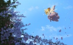 Rule 34 | 1girl, blue sky, branch, cherry blossoms, cloud, cloudy sky, fairy, fairy wings, flower, highres, landscape, lily white, outdoors, petals, pink flower, sky, smile, solo, spring (season), touhou, tree, branch, ushitsuchi, wings