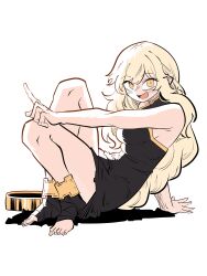 Rule 34 | 1girl, bare legs, black dress, blonde hair, blush, braid, braided ponytail, dress, excalibur (player), from side, full body, highres, index finger raised, layer (layer illust), long hair, looking at viewer, open mouth, player (webtoon), sitting, sleeveless, smile, toes