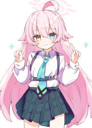 Rule 34 | 1girl, ahoge, black skirt, blue archive, blue eyes, blue necktie, blush, closed mouth, collared shirt, commentary, cowboy shot, double v, dress shirt, flat chest, hair between eyes, halo, hands up, heterochromia, highres, hoshino (blue archive), long hair, long sleeves, looking at viewer, miniskirt, necktie, pink hair, pink halo, plaid, plaid skirt, pleated skirt, puffy long sleeves, puffy sleeves, sateto (user knrf2332), shirt, simple background, skirt, smile, solo, split mouth, star (symbol), v, very long hair, white background, white shirt, yellow eyes