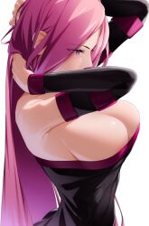 Rule 34 | 1girl, adjusting hair, armpits, arms behind head, arms up, bare shoulders, breasts, bursting breasts, cleavage, fate (series), from behind, large breasts, long hair, medusa (fate), medusa (rider) (fate), purple eyes, solo, very long hair, white background