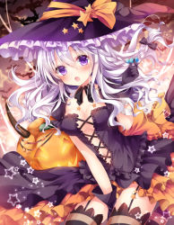 Rule 34 | 1girl, bat (animal), between legs, blush, bow, breasts, choker, cleavage, cross-laced clothes, cross-laced dress, dress, garter straps, gloves, hair bow, halloween, hand between legs, hat, jack-o&#039;-lantern, long hair, navel, no bra, nogi takayoshi, open mouth, original, purple eyes, ribbon choker, silver hair, solo, star (symbol), striped clothes, striped thighhighs, tamao-chan (nogi takayoshi), thighhighs, witch hat