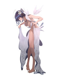 Rule 34 | 1girl, absurdres, arknights, bare arms, bare shoulders, barefoot, blue hair, breasts, closed eyes, commentary, flower, full body, hair flower, hair ornament, halo, highres, medium breasts, mostima (arknights), no panties, shidai, solo, standing, thighs, white flower