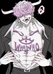 Rule 34 | 1boy, abs, absurdres, claws, dd whitt, earrings, fangs, fangs out, hair over eyes, highres, horns, jewelry, looking at viewer, male focus, one piece, open mouth, simple background, smile, solo, teeth, topless male, who&#039;s who (one piece)