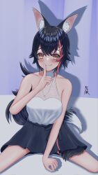 Rule 34 | 1girl, animal ear fluff, animal ears, bare arms, black hair, black skirt, blush, commentary request, finger to mouth, hair between eyes, highres, hololive, index finger raised, jewelry, kuroki ookami (blackwolfpaint), long hair, looking at viewer, necklace, ookami mio, ookami mio (street), red hair, shirt, signature, sitting, skirt, smile, solo, spread legs, tail, tail around own leg, virtual youtuber, white shirt, wolf ears, wolf girl, wolf tail, yellow eyes