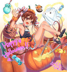 Rule 34 | 10s, 1girl, :d, armpits, artist name, bare legs, bare shoulders, basket, breasts, brown eyes, brown hair, candy, dark-skinned female, dark skin, food, ghost, glowing, gradient background, hair ribbon, halloween, halloween costume, happy halloween, heart, jack-o&#039;-lantern, kantai collection, libeccio (kancolle), long hair, looking at viewer, mary janes, no socks, open mouth, orange skirt, pumpkin hat, ribbon, shibi, shoes, sideboob, signature, sitting, skirt, small breasts, smile, solo, sweets, twintails, wrist cuffs, yellow background