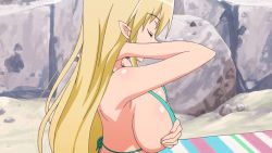 Rule 34 | 1girl, animated, animated gif, bikini, blonde hair, breast hold, breasts, demon girl, from side, green eyes, huge breasts, long hair, lotte no omocha!, mercelida ygvar, mature female, pointy ears, screencap, solo, demon girl, swimsuit, undressing