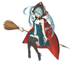 Rule 34 | 1girl, aqua eyes, aqua hair, bad id, bad pixiv id, boots, broom, broom riding, cape, dress, fuyu (fuyunomi), hatsune miku, high heels, highres, long hair, open mouth, riding, sidesaddle, simple background, solo, thigh boots, thighhighs, twintails, vocaloid, white background
