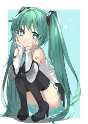 Rule 34 | 1girl, absurdres, black skirt, boots, detached sleeves, green eyes, green hair, green nails, hands on own cheeks, hands on own face, hatsune miku, hatsune miku (nt), high heel boots, high heels, highres, layered sleeves, long hair, nail polish, pleated skirt, reirou (chokoonnpu), see-through, see-through sleeves, shoulder tattoo, skirt, smile, solo, squatting, tattoo, thigh boots, thighhighs, thighs, twintails, vocaloid