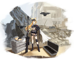 Rule 34 | 1girl, absurdres, animal, animal ear fluff, animal ears, animal on shoulder, anti-materiel rifle, belt, binoculars, black bra, black footwear, black gloves, black shorts, blonde hair, boots, bra, breasts, bullet, cape, closed mouth, commentary, detached sleeves, dog tags, drone, english commentary, explosive, fingerless gloves, fox, fox ears, full body, gloves, goggles, goggles on head, grenade, gun, hand on own hip, highres, holster, knee pads, long hair, looking at viewer, mole, mole under eye, navel, original, pla0658, pouch, red eyes, rifle, rubble, shell casing, short shorts, shorts, single detached sleeve, single knee pad, small breasts, smoke grenade, sniper rifle, solo, standing, thigh holster, torn cape, torn clothes, underwear, weapon, weapon case