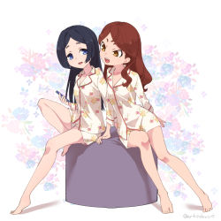 Rule 34 | 2girls, ahoge, arikindows10, arm support, barbara parker, bare legs, barefoot, black hair, blue eyes, breasts, brown eyes, brown hair, collarbone, floral background, floral print, hair down, hannah england, highres, hime cut, holding, holding phone, legs, little witch academia, long hair, long sleeves, looking at phone, looking at viewer, multiple girls, nightshirt, open mouth, pajamas, phone, short eyebrows, shorts, sidelocks, sitting, sleepwear, small breasts, smile, thighs, tsurime, twitter username, wavy hair