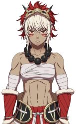 Rule 34 | 1girl, abs, dark skin, fire emblem, fire emblem fates, jewelry, looking at viewer, muscular, muscular female, my room, necklace, nintendo, rinkah (fire emblem), simple background, tattoo, white hair