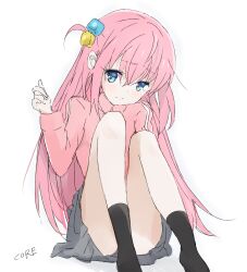 Rule 34 | 1girl, blue eyes, bocchi the rock!, core (mayomayo), cube hair ornament, gotoh hitori, grey skirt, hair between eyes, hair ornament, hair over eyes, highres, jacket, long hair, on ground, one side up, pink hair, pink jacket, pink track suit, simple background, skirt, solo, track jacket, white background