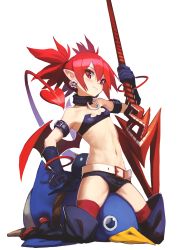 Rule 34 | 1girl, absurdres, arm belt, belt, boots, breasts, choker, demon girl, demon tail, demon wings, disgaea, disgaea d2, earrings, elbow gloves, elder spear, etna (disgaea), eyes visible through hair, flat chest, gloves, hara shoutarou, highres, holding, holding polearm, holding spear, holding weapon, jewelry, makai senki disgaea, navel, pointy ears, polearm, prinny, red eyes, red hair, red thighhighs, red wings, short shorts, shorts, simple background, sitting, sitting on person, skull earrings, small breasts, spear, tail, thigh boots, thighhighs, thighhighs under boots, twintails, weapon, white background, white belt, wings