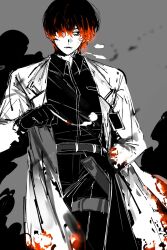 Rule 34 | 1boy, black eyes, black gloves, black hair, black pants, black shirt, burnt clothes, cigarette, coat, collared shirt, commentary request, e.g.o (project moon), fiery hair, gloves, grey background, highres, isangjuuija, korean commentary, limbus company, long sleeves, male focus, pants, project moon, red hair, shirt, solo, thigh strap, white coat, wing collar, yi sang (project moon)