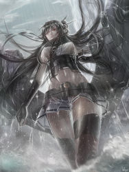 Rule 34 | 10s, 1girl, highres, kantai collection, kayi, long hair, midriff, nagato (kancolle), navel, rain, sketch, skirt, solo, thighhighs, wet, wet clothes
