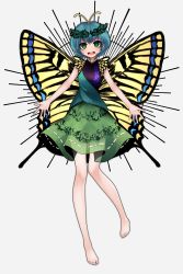 Rule 34 | 1girl, absurdres, alternate eye color, antennae, aqua hair, bare legs, barefoot, butterfly wings, dress, eternity larva, fairy, full body, green dress, green eyes, grey background, hair between eyes, highres, inoshin (inixia1748), insect wings, leaf, leaf on head, multicolored clothes, multicolored dress, open mouth, round teeth, short hair, simple background, single strap, smile, solo, teeth, touhou, upper teeth only, wings