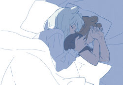 Rule 34 | 2girls, animal ears, arknights, bear ears, black shirt, brown hair, closed eyes, commentary request, d.y.x., green hair, hand on another&#039;s shoulder, istina (arknights), long sleeves, lying, medium hair, multiple girls, on side, pillow, shirt, short sleeves, spooning, under covers, upper body, white shirt, yuri, zima (arknights)