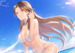 Rule 34 | 1girl, absurdres, bikini, bird, blue sky, blurry, blurry foreground, breasts, brown hair, cleavage, collarbone, day, earrings, floating hair, granblue fantasy, hair intakes, hand in own hair, highres, jewelry, katalina (granblue fantasy), lens flare, long hair, medium breasts, navel, outdoors, parted lips, red eyes, shiny skin, sky, solo, swimsuit, thigh strap, underboob, very long hair, white bikini, yorukun