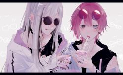 Rule 34 | 2boys, androgynous, black hair, blue eyes, bubble tea, cup, drinking straw, drinking straw in mouth, duplicate, eyewear on head, heterochromia, highres, letterboxed, long hair, male focus, multicolored hair, multiple boys, myuhuaki, nail polish, original, pale skin, pink hair, pixel-perfect duplicate, sunglasses, white hair