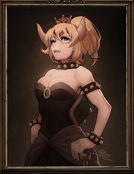 Rule 34 | armlet, bare shoulders, blonde hair, bowsette, bracelet, breasts, collar, crown, dress, earrings, fang, fang out, framed, horns, jewelry, large breasts, mario (series), new super mario bros. u deluxe, nintendo, ponytail, solo, spiked armlet, spiked bracelet, spiked collar, spiked shell, spikes, strapless, strapless dress, super crown, thick eyebrows, tight clothes, tight dress, vashperado