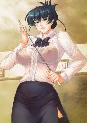 Rule 34 | 1girl, black bow, black bowtie, bow, bowtie, bra, bra visible through clothes, breasts, classroom, curvy, female focus, from below, green eyes, hair ornament, highres, igawa asagi, indoors, lace, lace-trimmed legwear, lace trim, large breasts, long hair, looking at viewer, medium breasts, nipples, parted lips, pencil skirt, pointer, see-through, shirt, short hair, side slit, skirt, smile, solo, tagme, taimanin (series), taimanin asagi, teacher, thighhighs, underwear, upper body, white shirt, zol