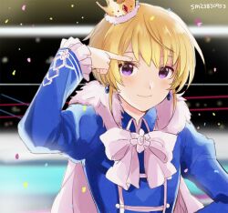 Rule 34 | 1boy, blonde hair, blue jacket, blush, cape, closed mouth, crown, earrings, fur-trimmed cape, fur trim, harukawa (aonori1022), idol clothes, idolmaster, idolmaster side-m, jacket, jewelry, long sleeves, looking at viewer, male focus, mini crown, pierre bichelberger, purple eyes, short hair, smile, solo, white cape