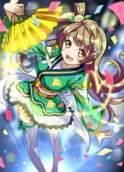 Rule 34 | 10s, 1girl, :d, angelic angel, blonde hair, blurry, depth of field, folding fan, hand fan, highres, japanese clothes, long hair, long sleeves, looking at viewer, love live!, love live! school idol project, minami kotori, one side up, open mouth, side ponytail, smile, solo, taturouxs, thighhighs, white thighhighs, yellow eyes