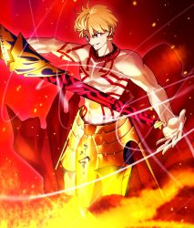 Rule 34 | 1boy, blonde hair, chietori, ea (fate/stay night), earrings, fate (series), gilgamesh (fate), holding, holding weapon, jewelry, male focus, red eyes, solo, standing, tattoo, topless male, weapon