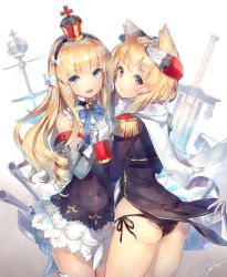 Rule 34 | 2girls, animal ears, ass, azur lane, black dress, black panties, blonde hair, blue eyes, bow, cannon, cape, commentary request, covered navel, crown, deecha, detached sleeves, dress, drill hair, epaulettes, gloves, hair bow, hair ribbon, headband, headgear, highres, holding hands, interlocked fingers, long hair, looking at viewer, looking back, military, military uniform, mini crown, multiple girls, open mouth, panties, purple eyes, queen elizabeth (azur lane), ribbon, scarf, short dress, short hair with long locks, side-tie panties, sidelocks, simple background, standing, sword, underwear, uniform, warspite (azur lane), wavy hair, weapon, white background, white bow, white gloves, white scarf