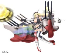 Rule 34 | 16-inch/50-caliber mark 7 gun, 1girl, aircraft, anti-aircraft, anti-aircraft gun, artillery, asymmetrical legwear, autocannon, bad id, bad twitter id, blonde hair, blue eyes, breasts, cannon, commentary request, elbow gloves, fingerless gloves, firing, front-tie top, garter straps, gloves, helicopter, highres, iowa (kancolle), kantai collection, large breasts, machinery, miniskirt, mismatched legwear, muzzle flash, naval artillery, naval gun, oerlikon 20 mm cannon, saizu nitou gunsou, simple background, skirt, solo, star-shaped pupils, star (symbol), striped clothes, striped thighhighs, symbol-shaped pupils, thighhighs, turret, uh-60 blackhawk, vertical-striped clothes, vertical-striped thighhighs, white background