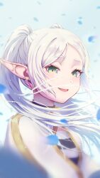 Rule 34 | 1girl, blue background, capelet, dangle earrings, earrings, elf, floating hair, frieren, green eyes, jewelry, long hair, looking at viewer, nzz, open mouth, petals, pointy ears, smile, solo, sousou no frieren, twintails, upper body, white capelet, white hair