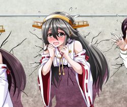 Rule 34 | 3girls, bare shoulders, black hair, blush, brown eyes, crack, cracked wall, detached sleeves, flying sweatdrops, full-face blush, hair between eyes, hair ornament, hairband, hairclip, haruna (kancolle), headgear, japanese clothes, kabe ni hamatte ugokenai!, kantai collection, kongou (kancolle), long hair, long sleeves, motion lines, multiple girls, nontraditional miko, open mouth, parody, ribbon-trimmed sleeves, ribbon trim, short hair, stuck, through wall, tk8d32, wall, wide sleeves