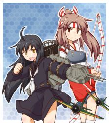 Rule 34 | &gt;:(, &gt;:o, 2girls, :o, ahoge, archery, black hair, black serafuku, black skirt, blue background, blush, border, bow (weapon), brown eyes, brown hair, buckle, clenched hand, closed mouth, commentary request, crescent, crescent pin, cross-laced clothes, flat chest, frown, hachimaki, hakama, hakama pants, hakama shorts, half updo, hands up, headband, high ponytail, highres, holding, holding bow (weapon), holding weapon, honeycomb (pattern), honeycomb background, japanese clothes, kantai collection, konokiya, kyuudou, long hair, long sleeves, looking at viewer, mikazuki (kancolle), model airplane, multiple girls, muneate, neckerchief, open mouth, outline, outside border, outstretched arm, pants, parted bangs, patterned background, raised fist, red shorts, rigging, school uniform, serafuku, shorts, simple background, skirt, standing, standing on one leg, tabi, teeth, v-shaped eyebrows, weapon, white border, white legwear, white neckerchief, wide sleeves, yellow eyes, zuihou (kancolle)