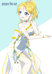 Rule 34 | 1girl, absurdres, aqua ribbon, arm garter, artist name, artist request, ayase eli, back bow, bare legs, bare shoulders, blonde hair, blue eyes, blush, bow, bracelet, breasts, cleavage, collarbone, detached collar, dress, female focus, flower, flower necklace, hair between eyes, hair flower, hair ornament, high ponytail, highres, invisible chair, jewelry, long hair, looking at viewer, love live!, love live! school idol festival, love live! school idol project, miniskirt, necklace, parted lips, pink flower, plaid, plaid dress, plaid skirt, pleated, pleated dress, pleated skirt, ponytail, ribbon, short hair, sitting, skirt, sleeveless, sleeveless dress, smile, solo, star (symbol), star bracelet, star legwear, star print, white bow, white detached collar, white dress, white skirt