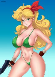 1girl absurdres bikini blonde_hair blue_background breasts brown_gloves commentary covered_erect_nipples dragon_ball english_commentary fingerless_gloves gloves gradient_background green_bikini green_eyes gummslime gun hairband highleg highleg_bikini highres large_breasts long_hair lunch_(bad)_(dragon_ball) lunch_(dragon_ball) navel red_hairband solo standing swimsuit weapon