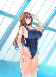 Rule 34 | 1girl, alternate costume, blue eyes, breasts, brown hair, competition swimsuit, fujisaki yua, highres, jisedai youtuber yua, kiyama satoshi, large breasts, long hair, one-piece swimsuit, open mouth, partially visible vulva, pool, rei no pool, solo, swimsuit, symbol on forehead, virtual youtuber