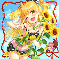 Rule 34 | 1girl, ;d, bare arms, bare shoulders, black shorts, blonde hair, blue sky, blush, bow, character doll, cloud, collarbone, commentary request, cowboy shot, crop top, day, fingernails, flower, frilled shorts, frills, green eyes, hair bow, head tilt, holding, holding flower, idolmaster, idolmaster cinderella girls, jougasaki mika, jougasaki rika, leaning forward, long hair, midriff, miyabi akino, navel, one eye closed, open mouth, outdoors, polka dot, polka dot shorts, red ribbon, ribbon, see-through, short shorts, shorts, sky, smile, solo, star (symbol), striped, striped bow, sunflower, two side up, v, very long hair, yellow flower