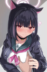 Rule 34 | 1girl, 1other, animal ears, black hair, black jacket, blue archive, blush, breasts, cat ears, closed mouth, colored inner hair, grabbing, grabbing another&#039;s breast, green sailor collar, halo, heart, highres, jacket, kazusa (blue archive), large breasts, looking at viewer, multicolored hair, open clothes, open jacket, pink hair, pink halo, red eyes, rokosu (isibasi403), sailor collar, school uniform, serafuku, short hair, upper body