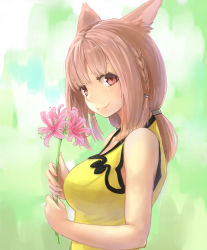 Rule 34 | 10s, 1girl, animal ears, warrior of light (ff14), bad id, bad pixiv id, bare shoulders, braid, brown hair, final fantasy, final fantasy xiv, flower, highres, looking at viewer, miqo&#039;te, potion lilac(popopotionu), red eyes, smile, solo, spider lily