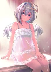 Rule 34 | 1girl, absurdres, amane kanata, angel wings, blue hair, blush, bob cut, bra, colored inner hair, commentary, hair between eyes, hair ornament, halo, hand on lap, highres, hololive, lace, light smile, lingerie, looking at viewer, mini wings, multicolored hair, namake (nmk44300), negligee, panties, purple eyes, raised eyebrows, see-through, short hair, silver hair, single hair intake, sitting, smile, solo, star halo, two-tone hair, underwear, virtual youtuber, wings