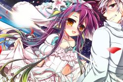 Rule 34 | 1boy, 1girl, :3, android, clothes lift, couple, dress, dress lift, flower, flower on head, formal, frills, from behind, hair ornament, looking at viewer, looking back, multicolored hair, no game no life, no game no life zero, purple eyes, purple hair, riku (no game no life), robot ears, shuvi (no game no life), smile, suit, wedding, wedding dress, white dress, white hair, yellow eyes