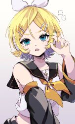 Rule 34 | 1girl, :o, bare shoulders, black sailor collar, black shorts, black sleeves, blonde hair, blue eyes, blush, bow, cowboy shot, detached sleeves, dot nose, fang, hair bow, hand up, headset, highres, kagamine rin, long sleeves, looking at viewer, microphone, midriff, naguno-0713, nail polish, neckerchief, open mouth, outstretched arm, parted bangs, puff of air, sailor collar, school uniform, serafuku, shirt, short hair, shorts, sidelocks, simple background, sleeveless, sleeveless shirt, solo, stomach, treble clef, vocaloid, white background, white bow, white shirt, yellow nails, yellow neckerchief