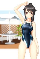 Rule 34 | 1girl, absurdres, beach umbrella, black hair, black one-piece swimsuit, blurry, breasts, chair, commentary request, competition swimsuit, cowboy shot, depth of field, fence, hair ribbon, high school fleet, highleg, highleg swimsuit, highres, long hair, looking at viewer, multicolored clothes, multicolored swimsuit, munetani mashiro, one-piece swimsuit, parted lips, ponytail, red eyes, ribbon, small breasts, solo, standing, swimsuit, table, takafumi, umbrella, white ribbon