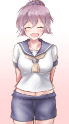 Rule 34 | 1girl, absurdres, agodashi, aoba (kancolle), blue sailor collar, blue shorts, closed eyes, cowboy shot, facing viewer, gradient background, highres, kantai collection, messy hair, navel, open mouth, pink background, ponytail, purple hair, purple scrunchie, sailor collar, sailor shirt, school uniform, scrunchie, serafuku, shirt, short hair, shorts, smile, solo, standing, teeth, upper teeth only, white background, white shirt, yellow eyes