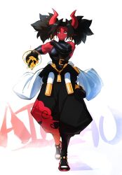 Rule 34 | 1girl, belt, black hair, colored skin, demon horns, earrings, elbow gloves, full body, gloves, green eyes, highres, horns, jewelry, looking at viewer, lyuka, muscular, muscular female, original, pointy ears, red skin, solo, standing, white background