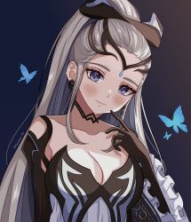 Rule 34 | 1girl, absurdres, black choker, black dress, black gloves, black tiara, blue butterfly, blue eyes, blush, breasts, bug, butterfly, choker, cleavage, collarbone, commission, commissioner upload, dress, earrings, eir (fire emblem), fire emblem, fire emblem heroes, frilled sleeves, frills, gloves, highres, insect, jewelry, light smile, long hair, long sleeves, marion (marionette ink), medium breasts, nintendo, ponytail, sidelocks, tiara, white dress, white hair