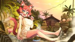 Rule 34 | 1girl, :d, absurdres, animal ear fluff, animal ears, barefoot, cat ears, cat girl, cat tail, commentary, commission, cup, drinking glass, drinking straw, ear piercing, fangs, feet, fence, green eyes, highres, legs, looking at viewer, melaton, naked towel, onsen, open mouth, original, outdoors, palm tree, piercing, red hair, red pupils, short hair, shoulder tattoo, sitting, skeb commission, smile, solo, splashing, tail, tattoo, towel, tree, water