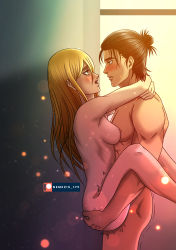 Rule 34 | 1boy, 1girl, absurdres, ass, ass grab, bare shoulders, black hair, blonde hair, blue eyes, blush, breasts, carrying, eren and historia (attack on titan), eren yeager, eye contact, happy sex, hetero, highres, krista lenz, long hair, looking at another, medium breasts, nemesis179, nude, open mouth, patreon username, sex, shingeki no kyojin, short hair