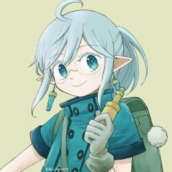 Rule 34 | 1girl, ahoge, aoi umetaro, backpack, bag, blue eyes, blue shirt, bottle, brown background, buttons, closed mouth, double-breasted, earrings, elf, elf to shuryoushi no item koubou, flat chest, glasses, gloves, grey gloves, grey hair, hand up, highres, holding, holding bottle, jewelry, looking at viewer, magritte (elf to shuryoushi no item koubou), pointy ears, ponytail, shirt, short sleeves, sidelocks, simple background, smile, solo, upper body