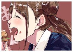 Rule 34 | 1girl, brown background, brown hair, close-up, commentary request, double bun, eating, eshaku (asifu-coffee), closed eyes, food, food on face, from side, burger, highres, idolmaster, idolmaster shiny colors, long hair, open mouth, school uniform, solo, sonoda chiyoko, translation request, upper body